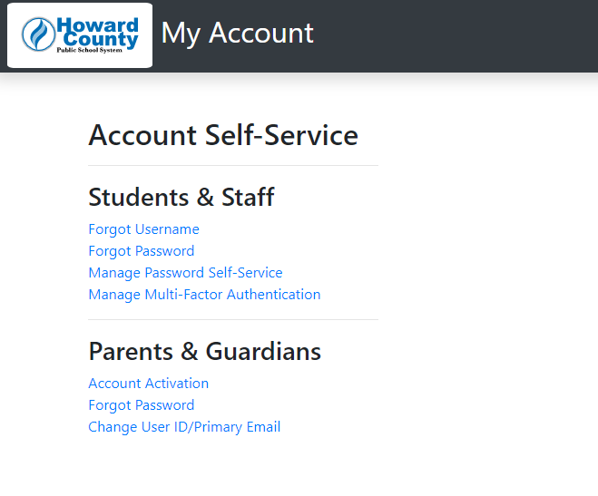 The account self service page.