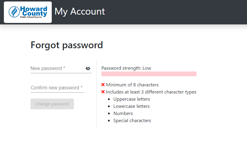 Password validation criteria.