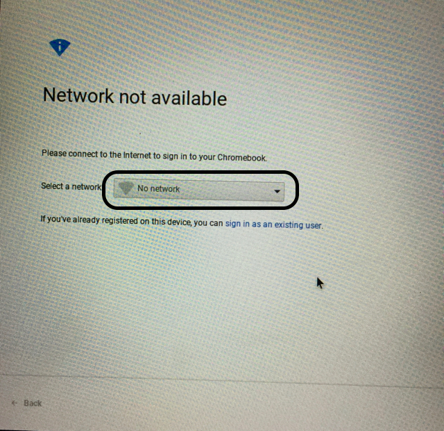 Screenshot of the Network not available window emphasizing that no network is selected.