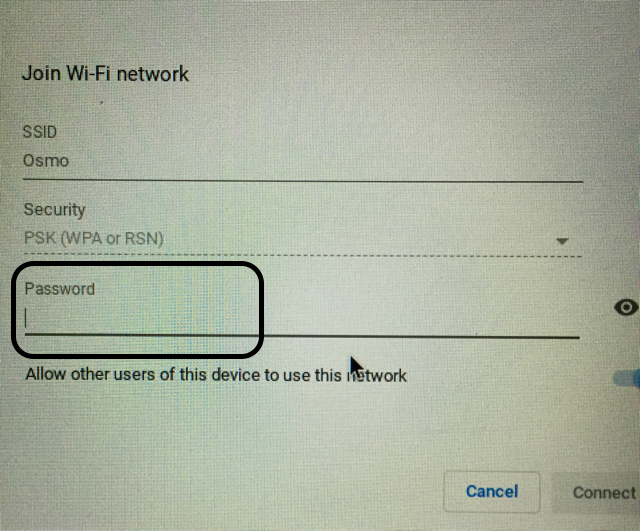 Screenshot of the Join Wi-Fi network page showing the location of the password field.