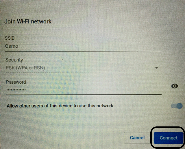 Screenshot of the Join Wi-Fi network page showing the location of the connect button.